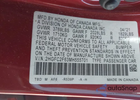 2021 Honda Civic Lx из США, поврежденный, VIN 2HGFC2F63MH555701